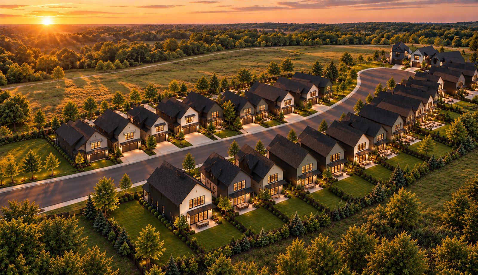 Aerial view of the Briarwood Row neighborhood at sunset
