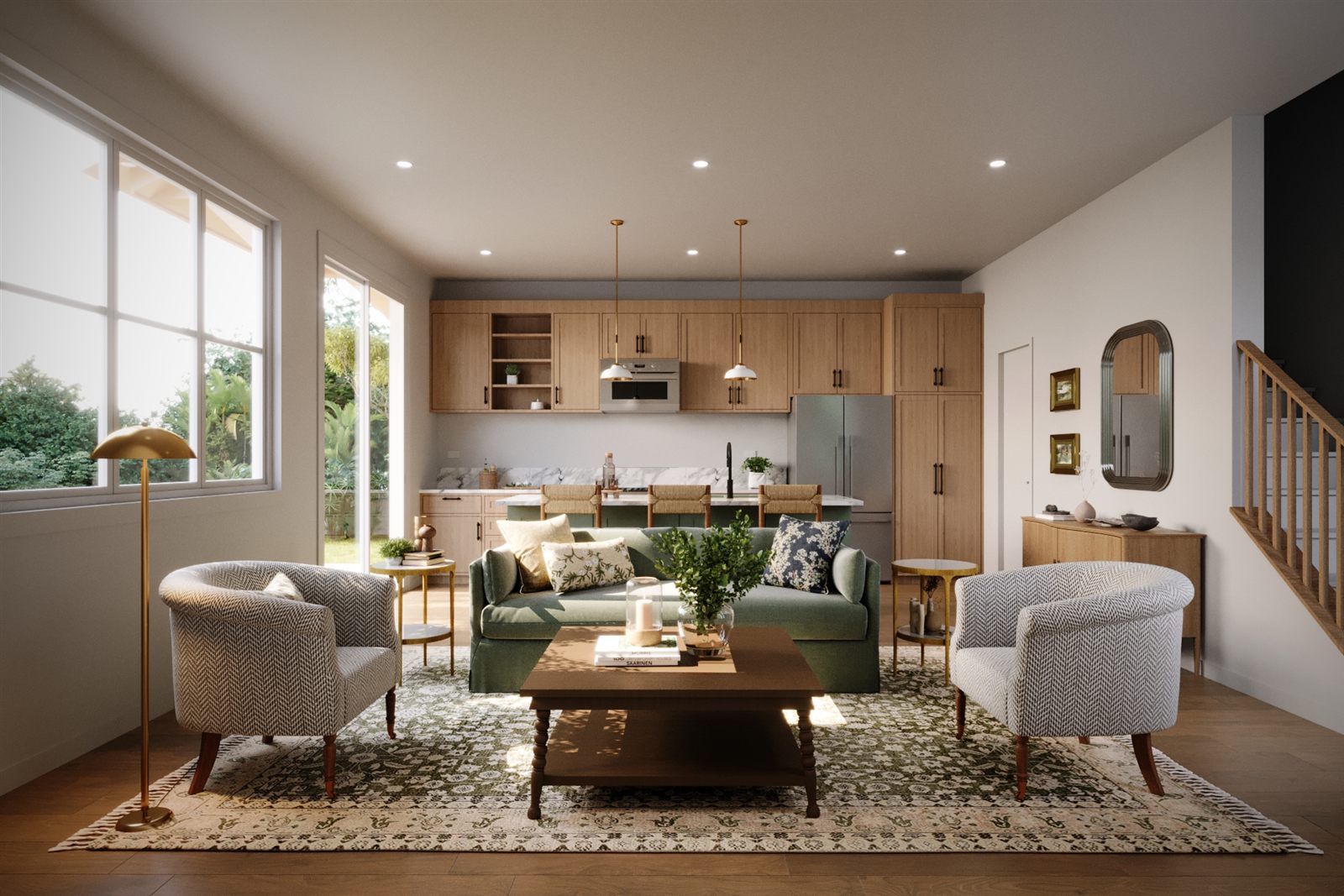 Cottage living room open to the kitchen