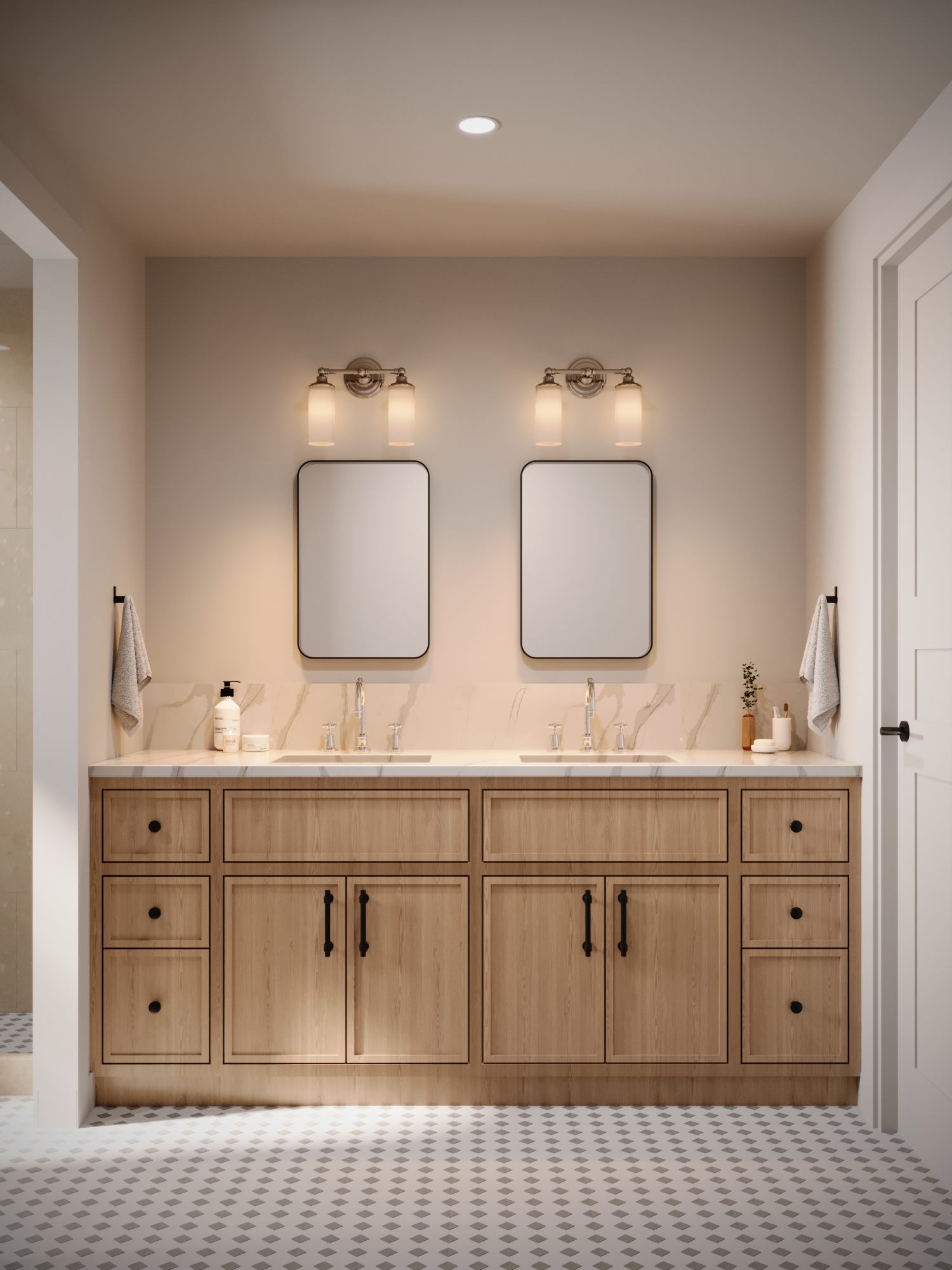 Cottage bathroom with double vanity