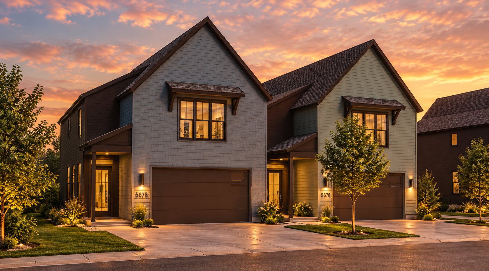 Detached Briarwood Row home at sunset
